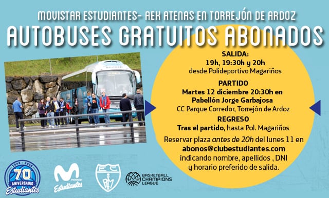 Autobuses gratuitos para abonados a Torrejón, partido Movistar Estudiantes- AEK del martes 12 de diciembre
